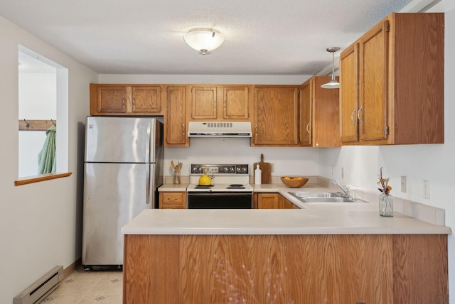 51 Woodland Rd Unit 1, Cape Elizabeth, ME 04107 - kitchen featuring a baseboard radiator, a sink, white electric range, range hood, and freestanding refrigerator