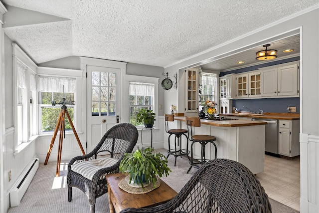 294 E Pond Rd, Jefferson, ME 04348 - kitchen with baseboard heating, butcher block countertops, stainless steel dishwasher, a textured ceiling, and plenty of natural light