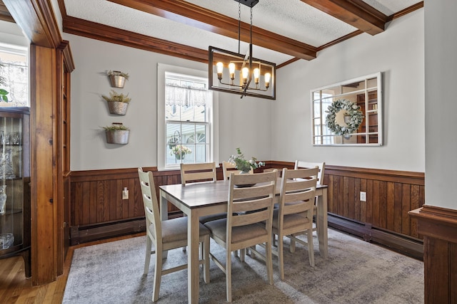 294 E Pond Rd, Jefferson, ME 04348 - dining area featuring a wainscoted wall, beamed ceiling, wood finished floors, a baseboard heating unit, and baseboard heating