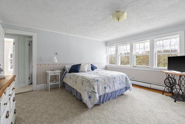 294 E Pond Rd, Jefferson, ME 04348 - bedroom featuring wainscoting, crown molding, a baseboard heating unit, a textured ceiling, and carpet floors