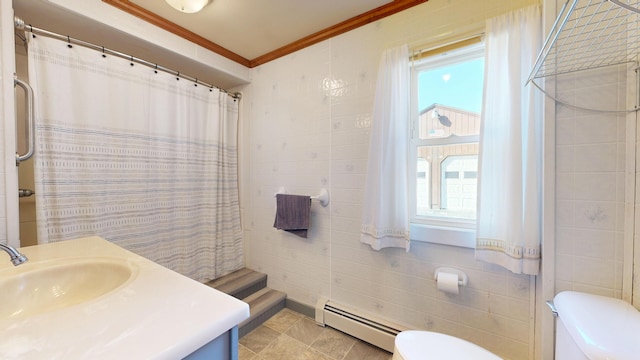bathroom with a shower with curtain, crown molding, toilet, a baseboard radiator, and tile walls