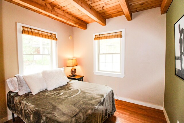 4 Bobs Way, Bethel, ME 04217 - bedroom with wood ceiling, baseboards, dark wood finished floors, and beamed ceiling