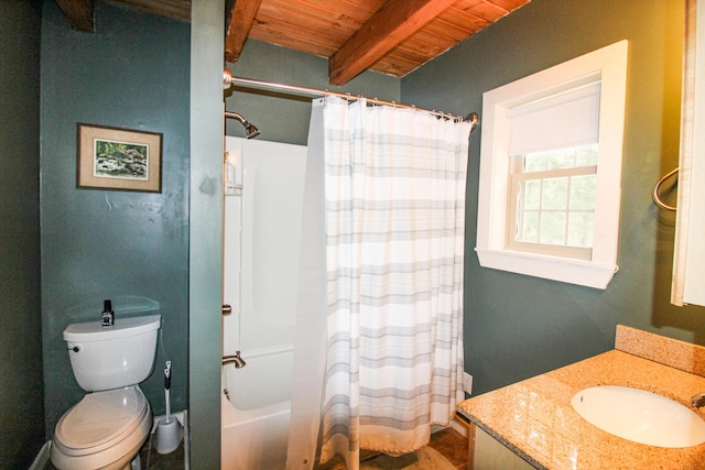 4 Bobs Way, Bethel, ME 04217 - bathroom featuring beamed ceiling, curtained shower, wood ceiling, toilet, and vanity