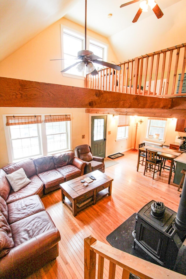 4 Bobs Way, Bethel, ME 04217 - living room with a ceiling fan, hardwood / wood-style floors, and high vaulted ceiling