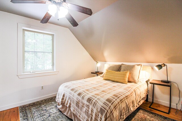 4 Bobs Way, Bethel, ME 04217 - bedroom with baseboards, dark wood-type flooring, vaulted ceiling, and ceiling fan