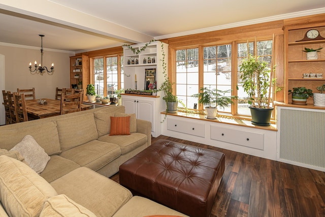 257 S Rumford Rd, Rumford, ME 04276 - living area featuring radiator heating unit, a chandelier, dark wood-type flooring, and ornamental molding
