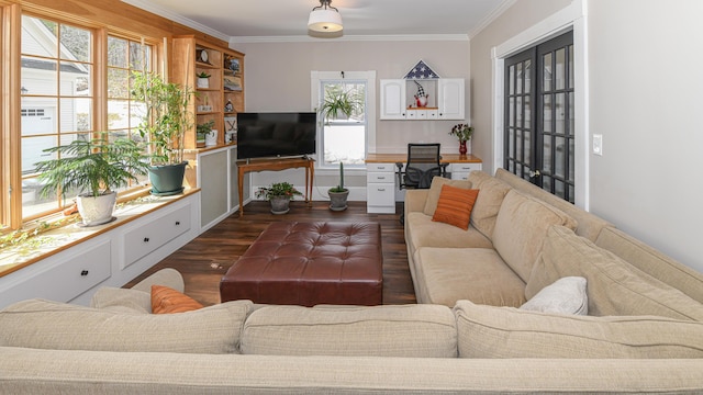 257 S Rumford Rd, Rumford, ME 04276 - living area with dark wood finished floors, ornamental molding, and an office area