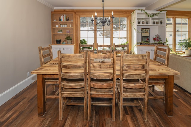 257 S Rumford Rd, Rumford, ME 04276 - dining area featuring a chandelier, dark wood-style floors, crown molding, baseboards, and healthy amount of natural light