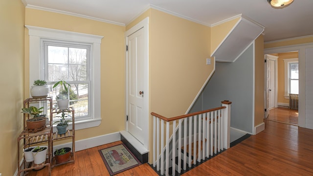 257 S Rumford Rd, Rumford, ME 04276 - hall with wood-type flooring, an upstairs landing, baseboards, and ornamental molding