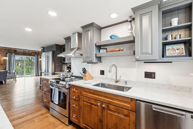 1081 Kings Hwy, Kennebunkport, ME 04046 - kitchen with appliances with stainless steel finishes, wall chimney range hood, open shelves, a sink, and recessed lighting