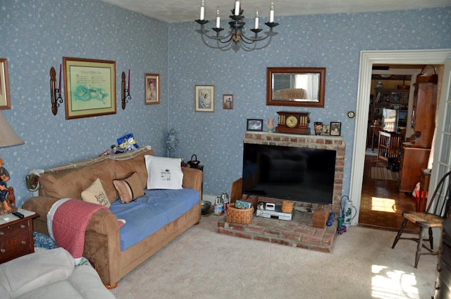 23 Park St, West Paris, ME 04289 - living room featuring wallpapered walls, carpet floors, and a chandelier