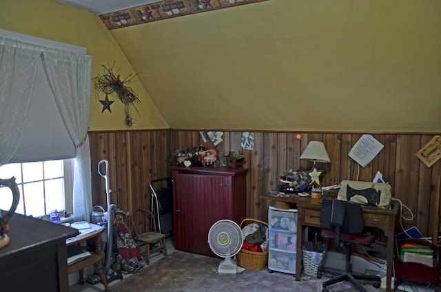 23 Park St, West Paris, ME 04289 - office space with a wainscoted wall, wood walls, vaulted ceiling, and carpet