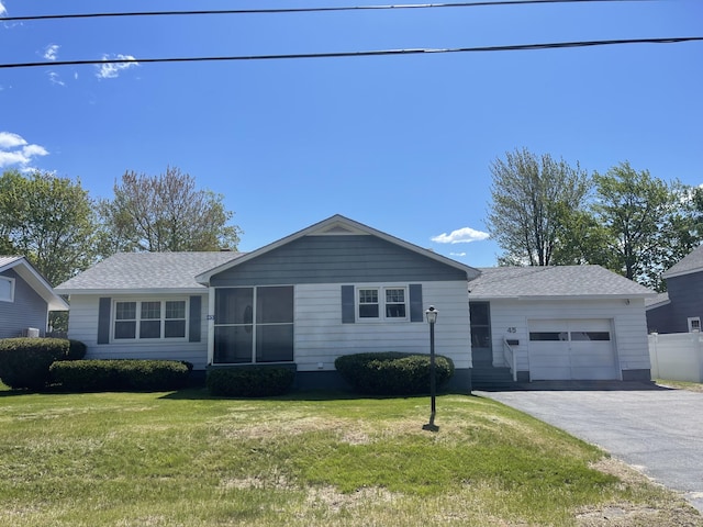 45 Vermont St, Millinocket, ME 04462 - ranch-style home with a garage, asphalt driveway, a front yard, and a shingled roof