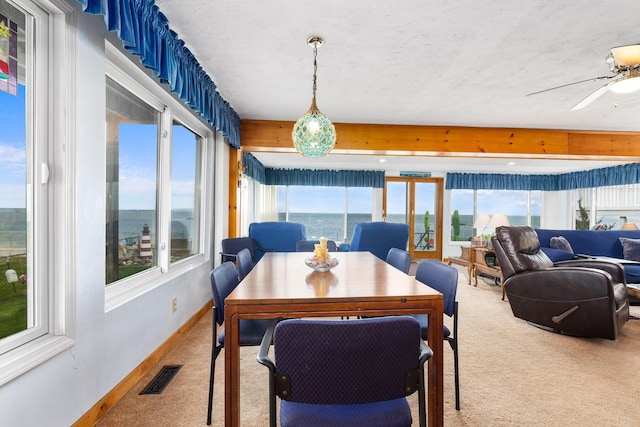 22 Gold Ribbon Dr, Wells, ME 04090 - dining room featuring carpet flooring, visible vents, baseboards, and a ceiling fan