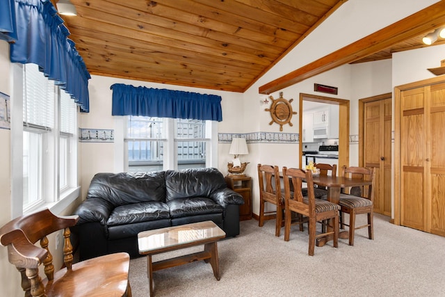 22 Gold Ribbon Dr, Wells, ME 04090 - living area with light carpet, wooden ceiling, and lofted ceiling