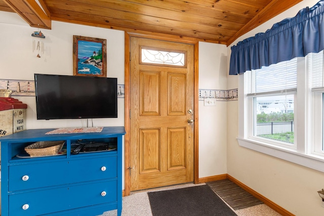 22 Gold Ribbon Dr, Wells, ME 04090 - entryway with baseboards, vaulted ceiling, and wood ceiling