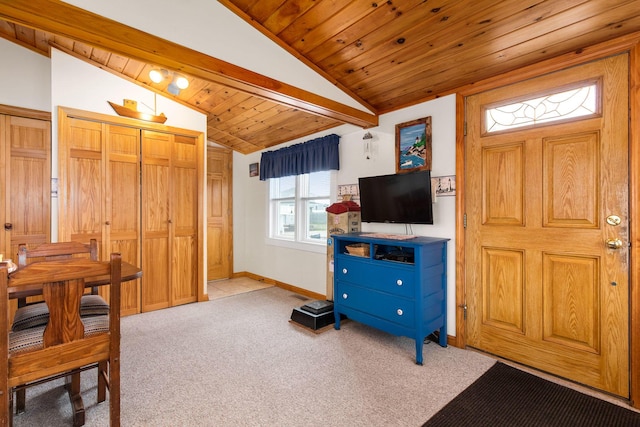 22 Gold Ribbon Dr, Wells, ME 04090 - entrance foyer featuring wood ceiling, light colored carpet, baseboards, and vaulted ceiling