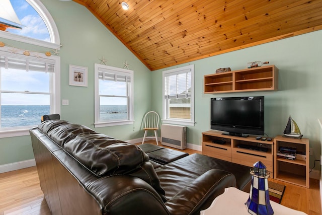 22 Gold Ribbon Dr, Wells, ME 04090 - living area with baseboards, light wood-type flooring, heating unit, wood ceiling, and high vaulted ceiling