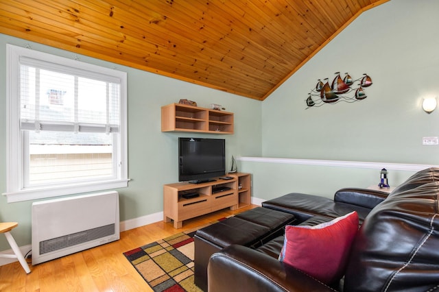 22 Gold Ribbon Dr, Wells, ME 04090 - living area featuring baseboards, heating unit, lofted ceiling, wood ceiling, and wood finished floors