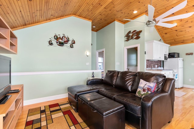 22 Gold Ribbon Dr, Wells, ME 04090 - living room featuring baseboards, wooden ceiling, ceiling fan, light wood finished floors, and high vaulted ceiling