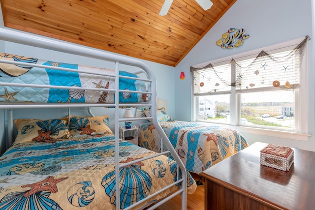 22 Gold Ribbon Dr, Wells, ME 04090 - bedroom with ceiling fan, lofted ceiling, wood finished floors, and wood ceiling