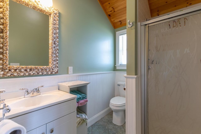 22 Gold Ribbon Dr, Wells, ME 04090 - full bath with vanity, toilet, a shower stall, wainscoting, and wood ceiling