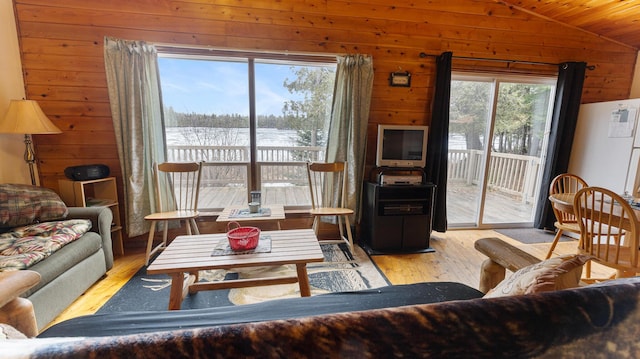 119 W Conroy Lake Rd, Monticello, ME 04760 - living room with wood walls, light wood finished floors, and vaulted ceiling