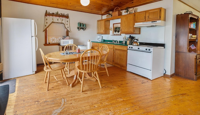 119 W Conroy Lake Rd, Monticello, ME 04760 - kitchen with wooden ceiling, white appliances, under cabinet range hood, light wood-style floors, and a sink
