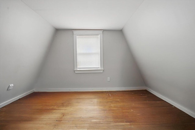 additional living space with wood-type flooring, baseboards, and lofted ceiling