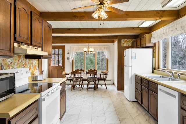 198 Hooper Rd, Shapleigh, ME 04076 - kitchen featuring white appliances, light countertops, under cabinet range hood, beamed ceiling, and a sink