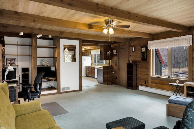 198 Hooper Rd, Shapleigh, ME 04076 - living area featuring visible vents, a ceiling fan, baseboard heating, beam ceiling, and carpet floors