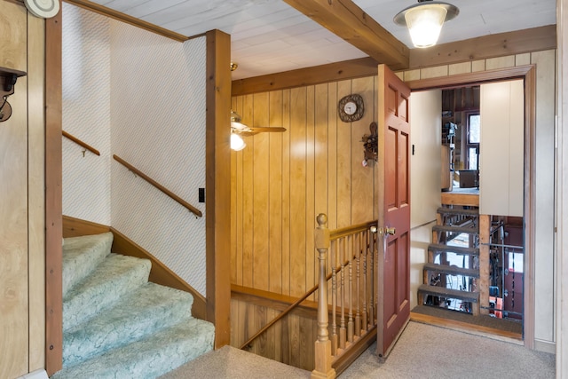 198 Hooper Rd, Shapleigh, ME 04076 - staircase with carpet flooring and beam ceiling