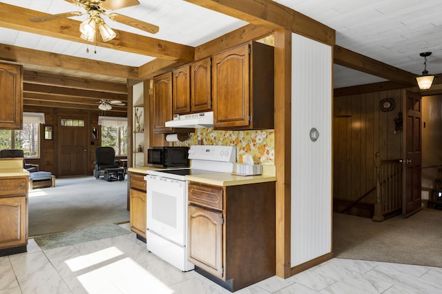 198 Hooper Rd, Shapleigh, ME 04076 - kitchen with light carpet, under cabinet range hood, white range with electric cooktop, and ceiling fan