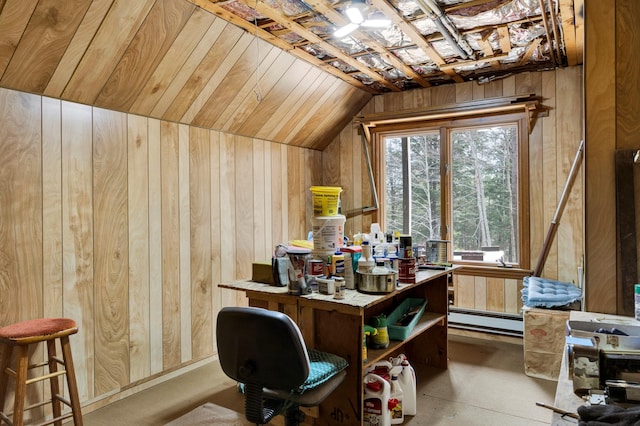 198 Hooper Rd, Shapleigh, ME 04076 - office area with a baseboard radiator, wood walls, and lofted ceiling