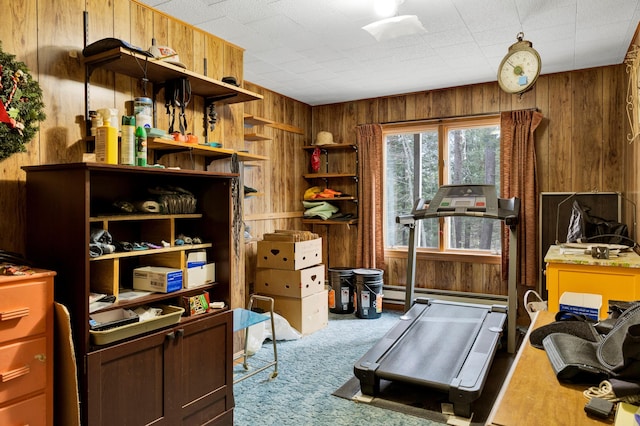 198 Hooper Rd, Shapleigh, ME 04076 - interior space featuring a baseboard heating unit, wooden walls, and carpet floors