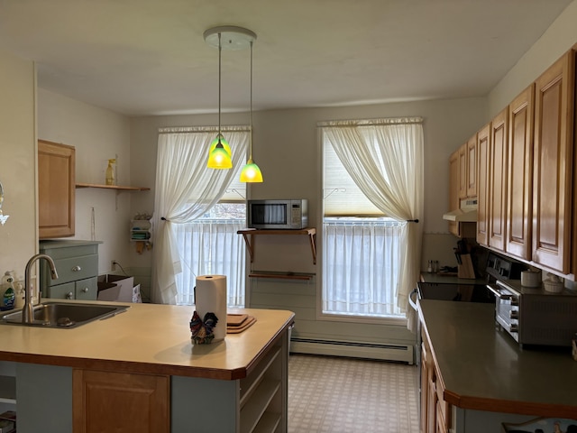20 Westbrook St, South Thomaston, ME 04858 - kitchen featuring open shelves, baseboard heating, stainless steel microwave, a sink, and under cabinet range hood