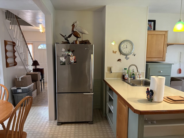 20 Westbrook St, South Thomaston, ME 04858 - kitchen featuring freestanding refrigerator, a sink, light floors, light countertops, and light brown cabinets