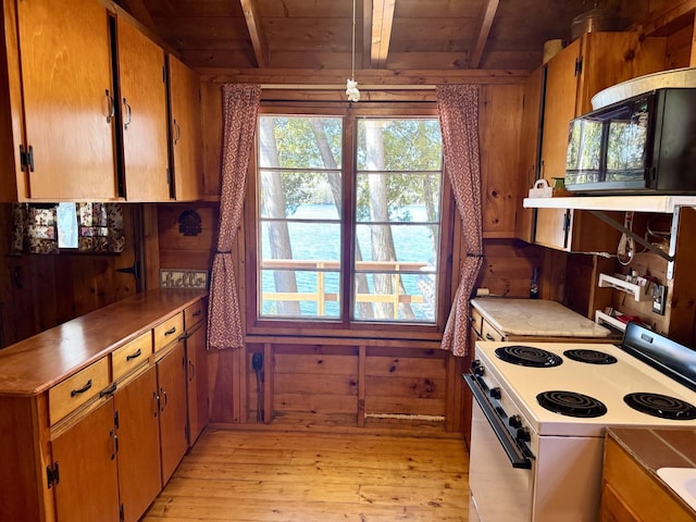 kitchen with wood ceiling, wooden walls, white range with electric cooktop, and black microwave