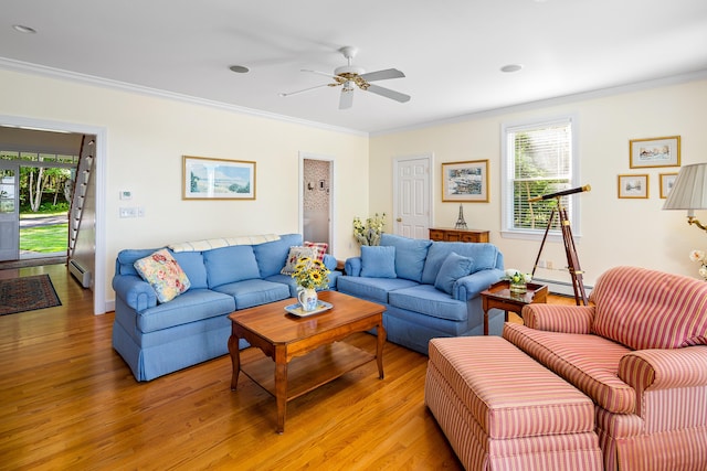 21 Bristol Dr, Rockport, ME 04856 - living area featuring a ceiling fan, light wood-type flooring, and ornamental molding