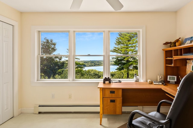 21 Bristol Dr, Rockport, ME 04856 - office space featuring a water view, a baseboard radiator, and ceiling fan