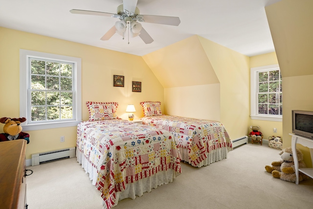 21 Bristol Dr, Rockport, ME 04856 - carpeted bedroom featuring a ceiling fan, a baseboard heating unit, and lofted ceiling