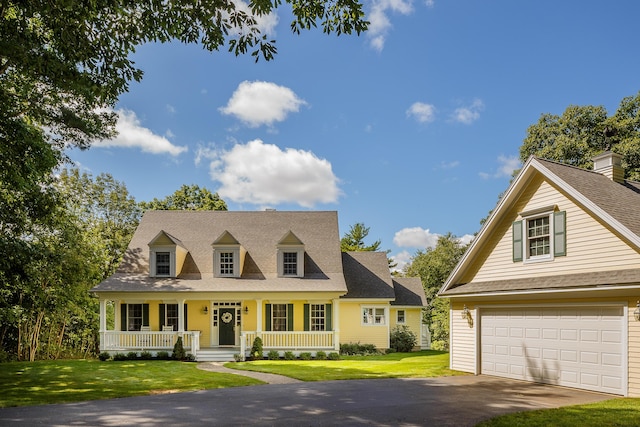21 Bristol Dr, Rockport, ME 04856 - cape cod-style house featuring a shingled roof, a porch, a garage, a front lawn, and driveway