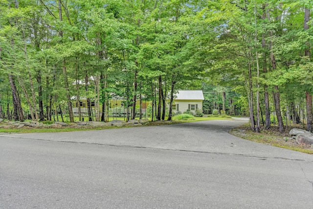 view of street with a view of trees and driveway