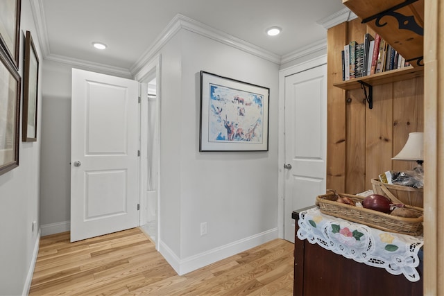 35 Barrows Rd, Boothbay Harbor, ME 04538 - hall with light wood-style flooring, baseboards, ornamental molding, and recessed lighting
