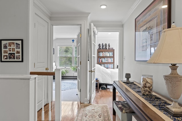 35 Barrows Rd, Boothbay Harbor, ME 04538 - corridor with light wood-style floors, crown molding, and french doors