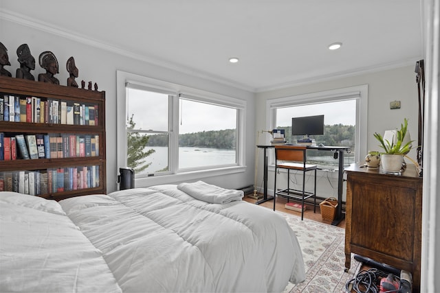 35 Barrows Rd, Boothbay Harbor, ME 04538 - bedroom featuring crown molding, multiple windows, wood finished floors, and recessed lighting