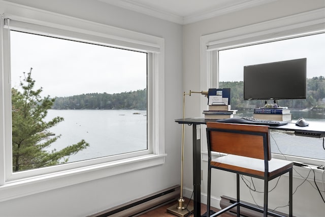 35 Barrows Rd, Boothbay Harbor, ME 04538 - home office featuring crown molding, baseboard heating, wood finished floors, and baseboards