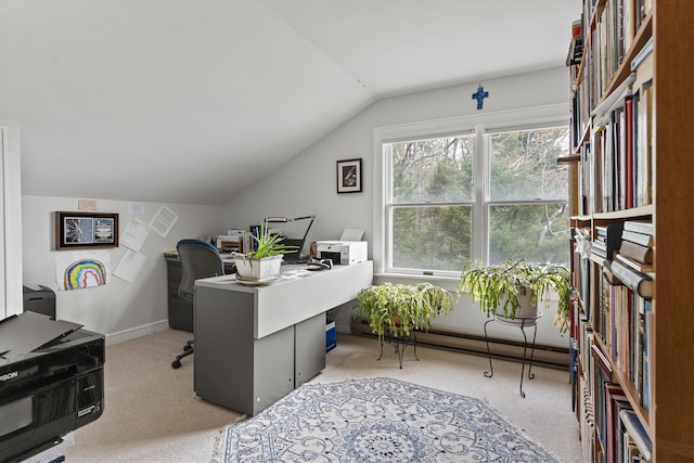 35 Barrows Rd, Boothbay Harbor, ME 04538 - home office with carpet flooring, lofted ceiling, and baseboards