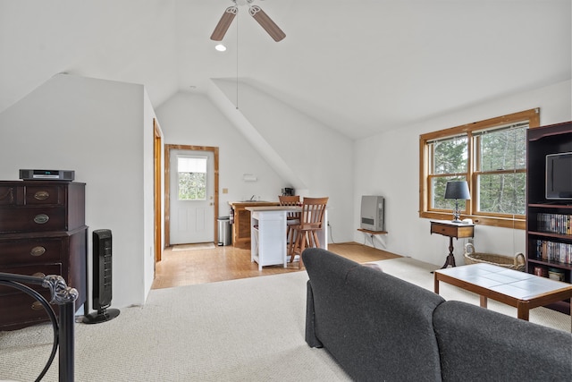 35 Barrows Rd, Boothbay Harbor, ME 04538 - living area with ceiling fan, lofted ceiling, and light carpet