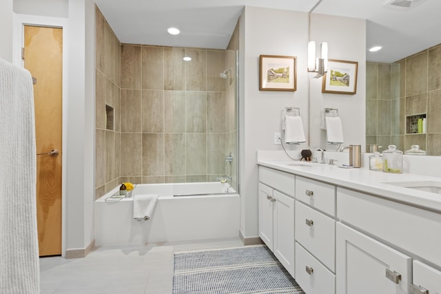 full bathroom with recessed lighting, vanity, bathtub / shower combination, and baseboards